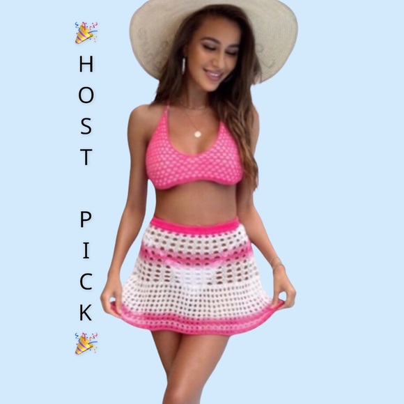 Fuchsia Pink Crochet Two Pc Tie Halter Top And Skirt Coverup Set - Picture 3 of 14